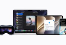 Apple Vision Pro, MacBook, iPad, iPhone, Apple Watch, and Apple TV are pictured.